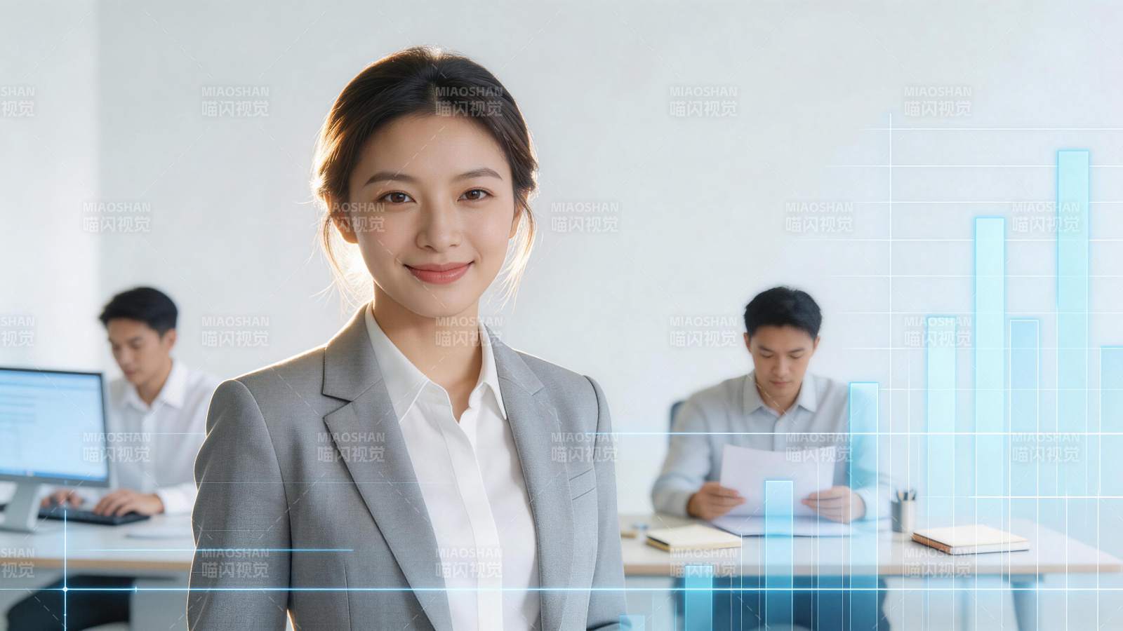 职场女性微笑面对镜头背景有同事办公图片