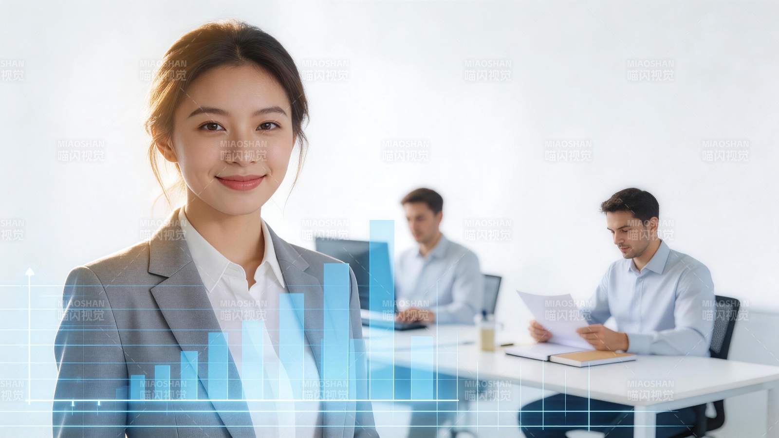 职场女性微笑面对镜头背景同事办公图片