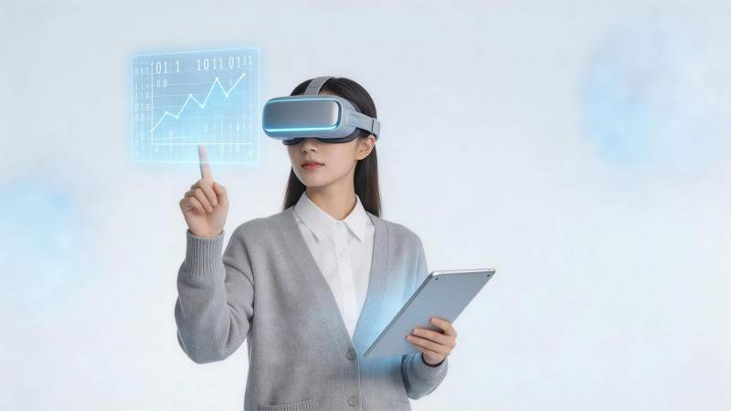 女性佩戴VR设备操作全息数据图表图片
