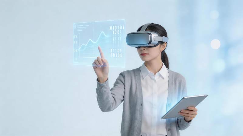 女性佩戴VR设备操作全息数据图表界面图片