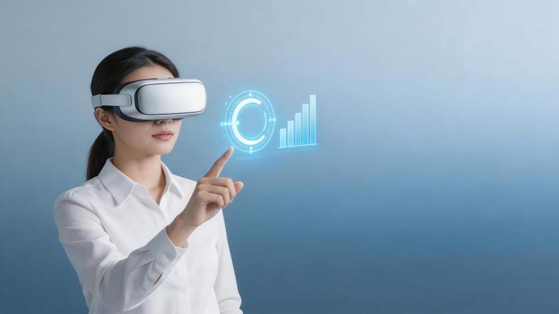 女性佩戴VR设备操作全息数据图表图片