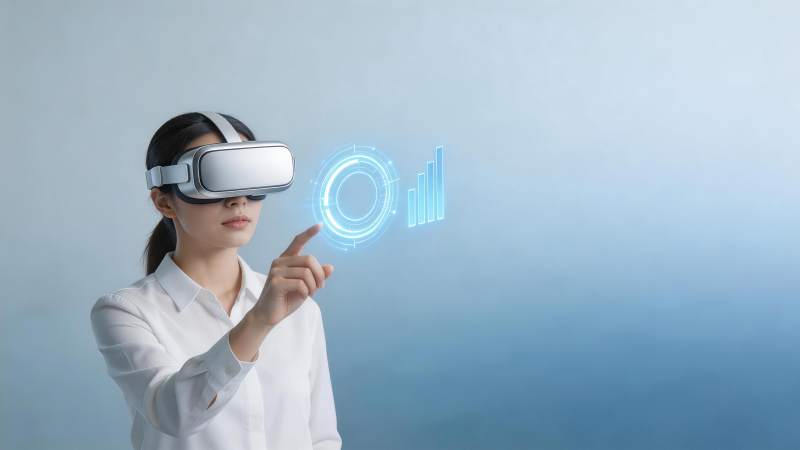 女性佩戴VR设备操作全息数据图表图片