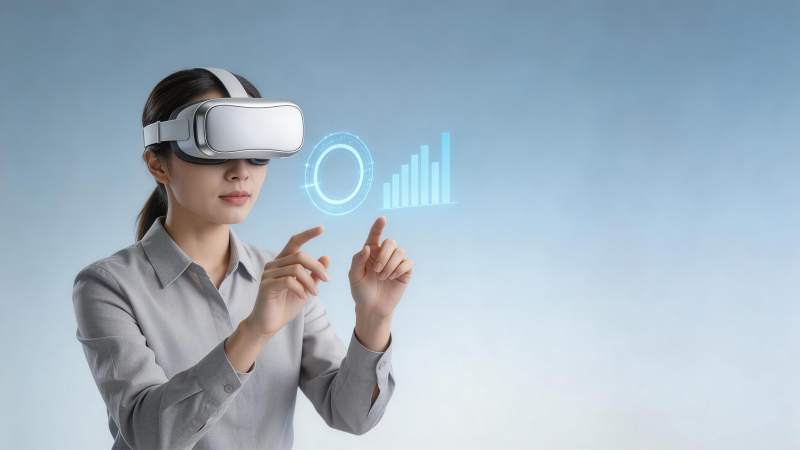 女性佩戴VR设备操作虚拟数据图表图片