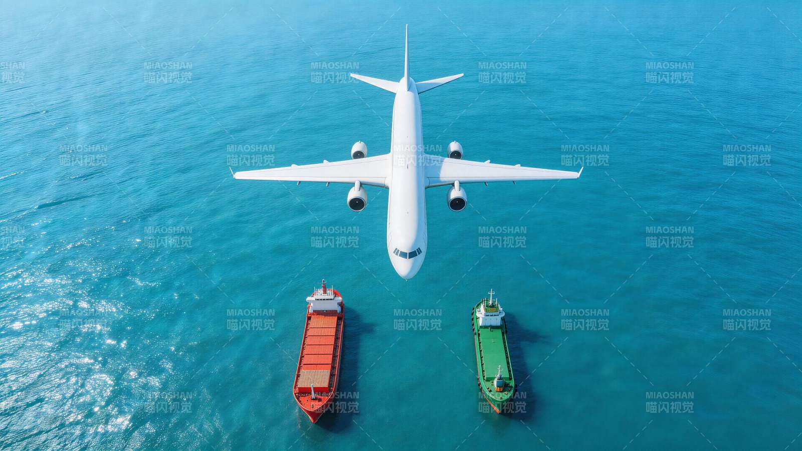 飞机飞越海面两艘货轮上方的空中视角图片