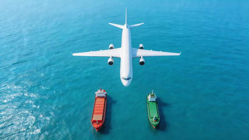 飞机飞越海面两艘货轮上方的空中视角图片