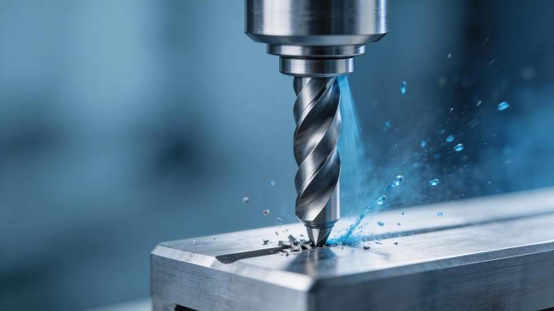 金属钻头高速钻削工件产生切屑与冷却液飞溅图片