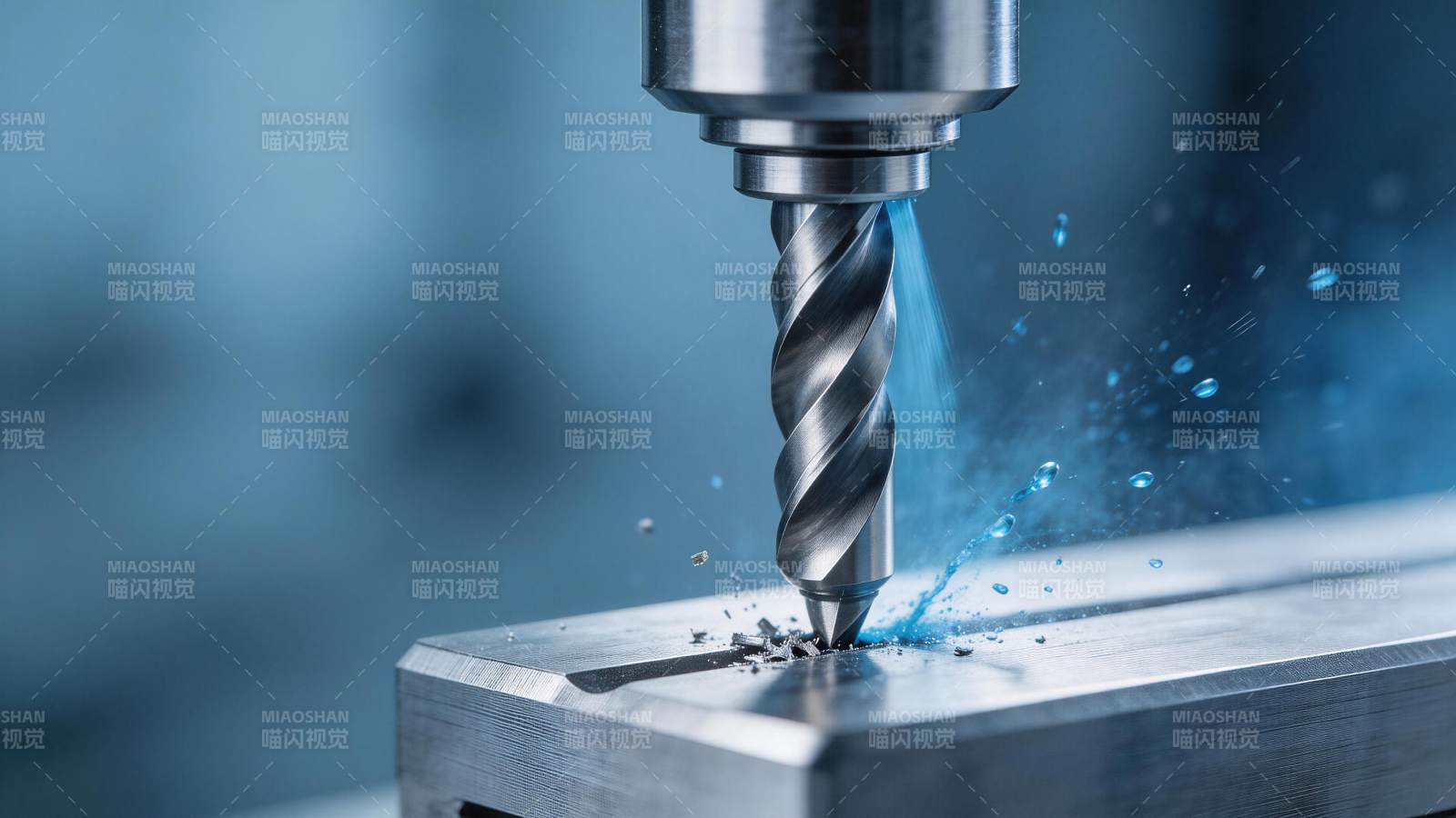 金属钻头高速钻削工件产生切屑与冷却液飞溅图片