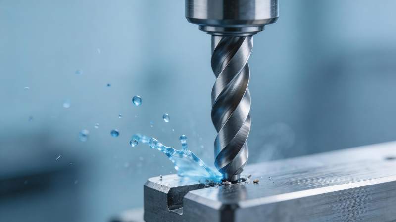 金属钻头高速钻削工件溅出冷却液图片