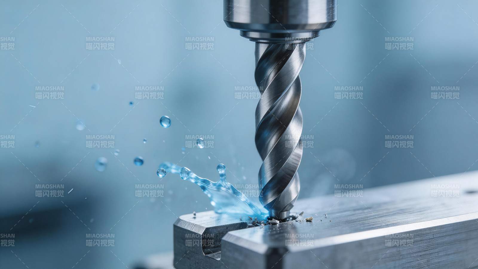 金属钻头高速钻削工件溅出冷却液图片