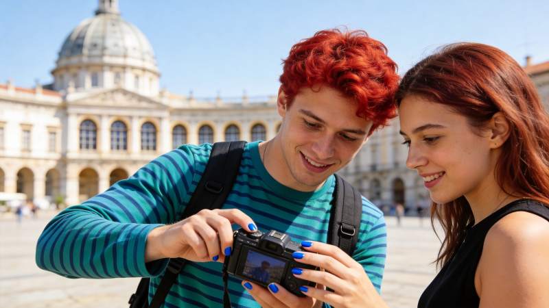 红发男女在古典建筑前查看相机屏幕图片