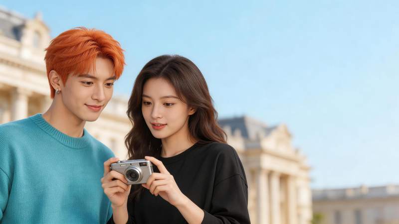 橙发男子与黑衣女子共同观看相机屏幕图片