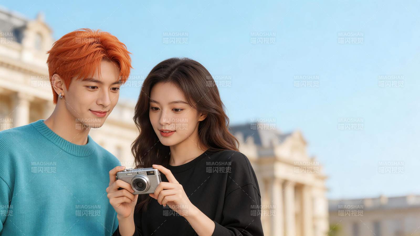 橙发男子与黑衣女子共同观看相机屏幕图片