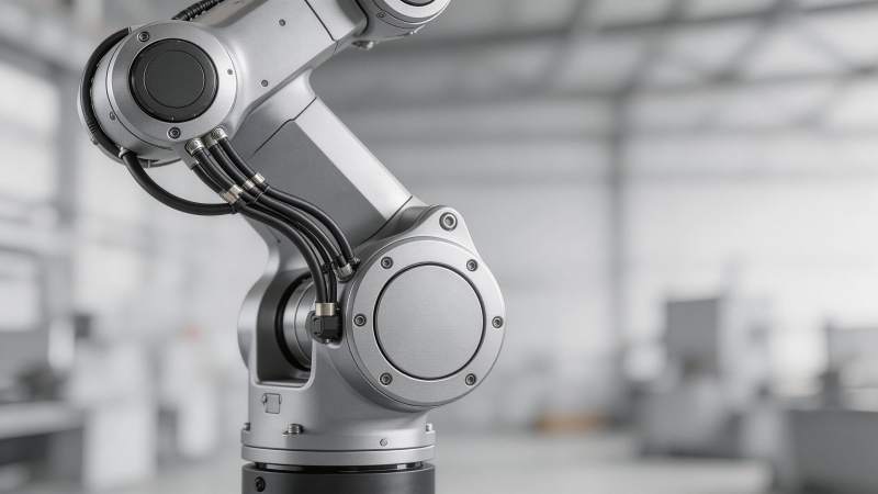 工业机械臂特写展示精密结构与管线布局图片