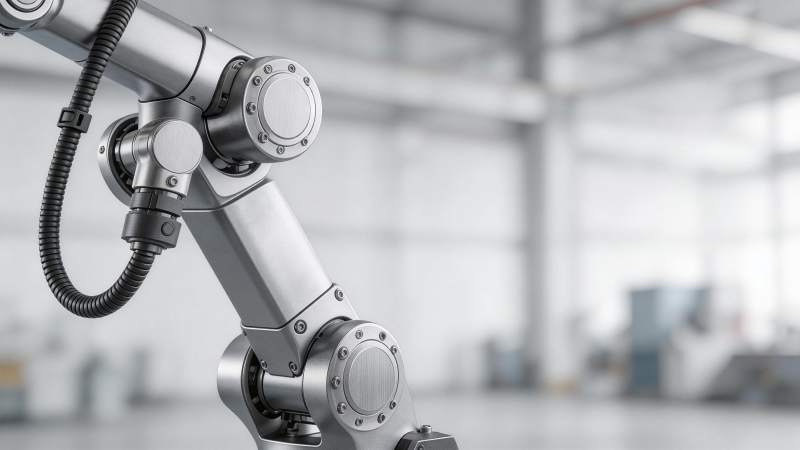 工业机械臂特写展示精密金属结构与关节细节图片