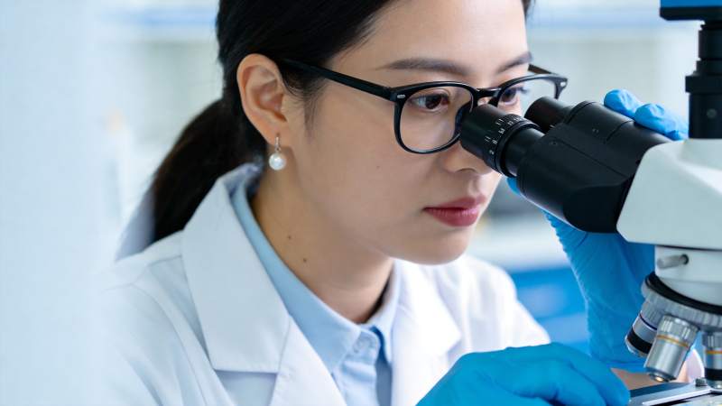 女性科研人员佩戴眼镜使用显微镜进行实验观图片