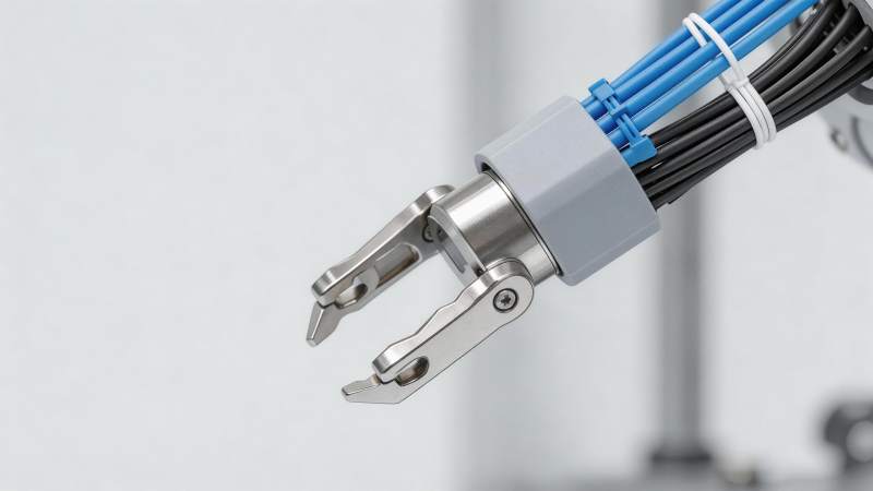 工业机械臂末端夹爪与线缆特写图片