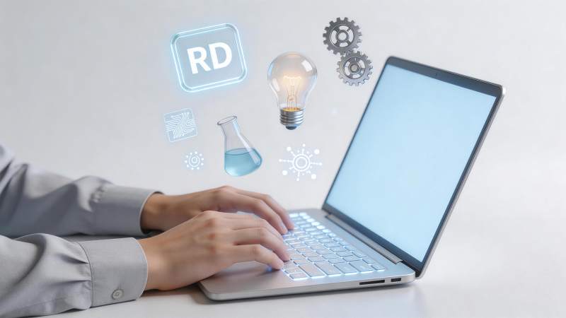 研究人员使用笔记本电脑进行研发工作场景图片