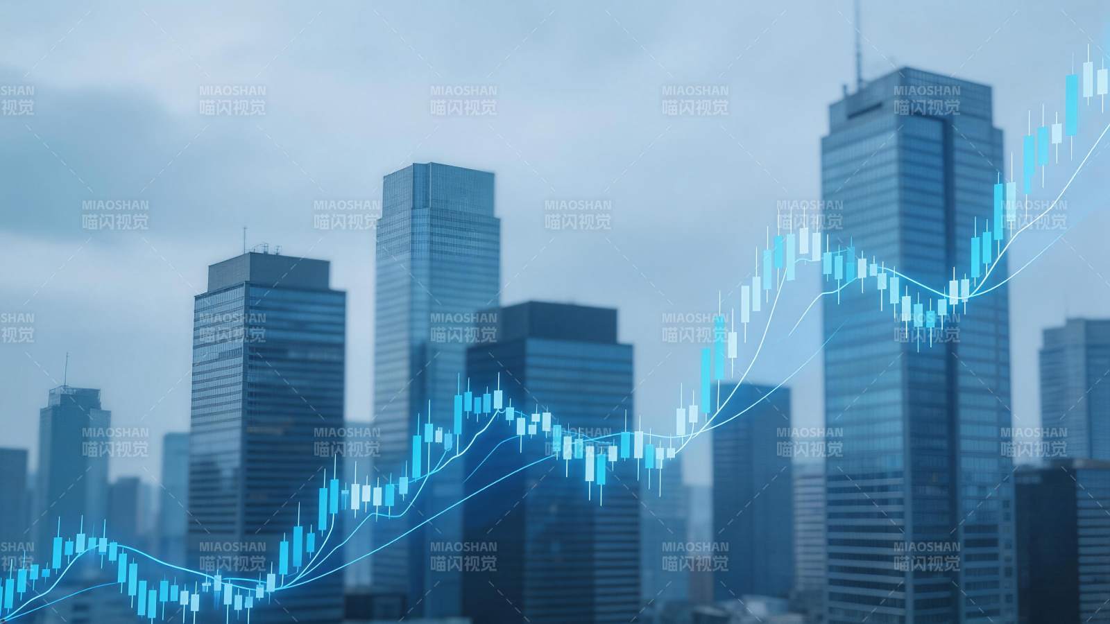 城市高楼背景下的蓝色股票K线走势图图片