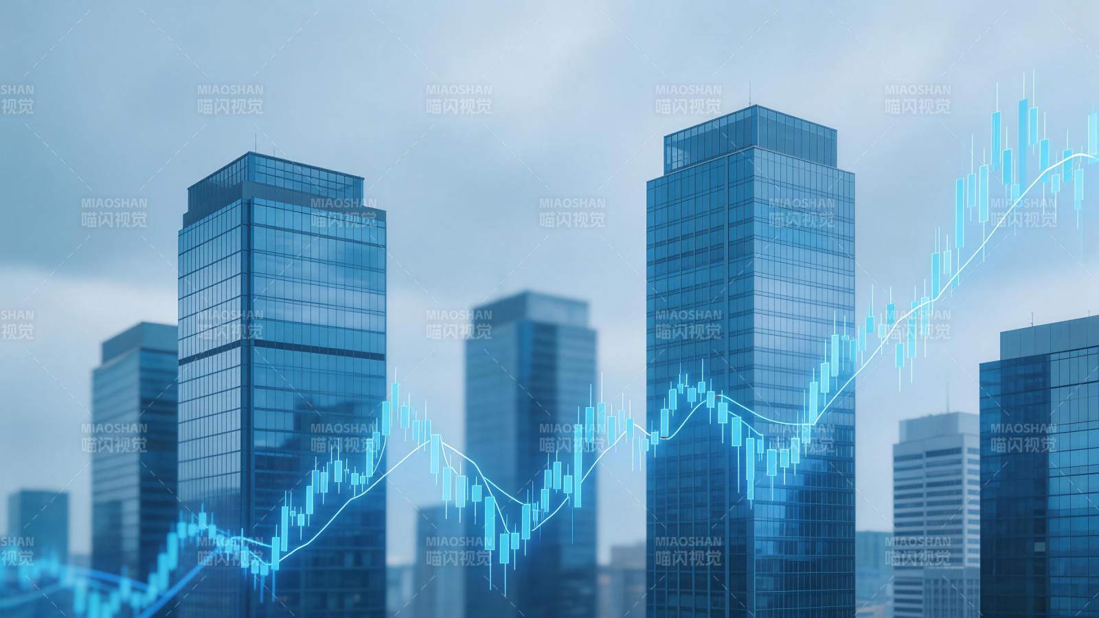 城市高楼背景叠加金融K线走势图图片