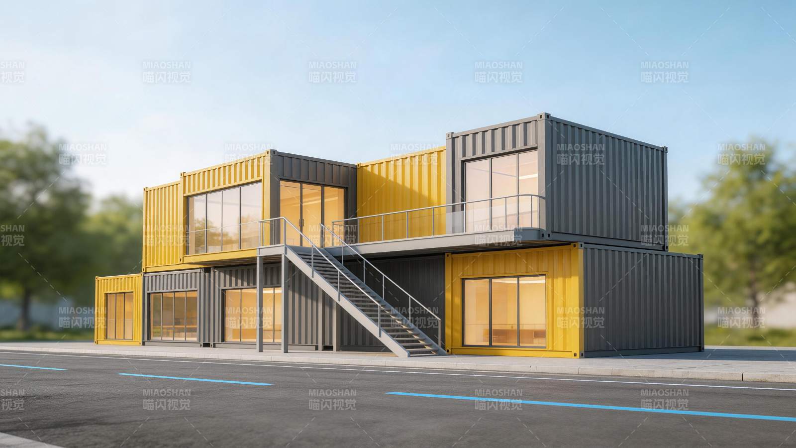 黄色灰色集装箱组合建筑临街外观图片