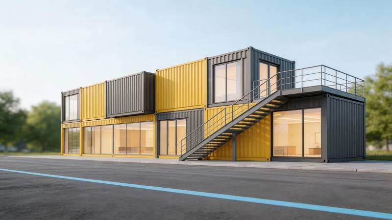 黄色灰色集装箱组合建筑临街外观图片