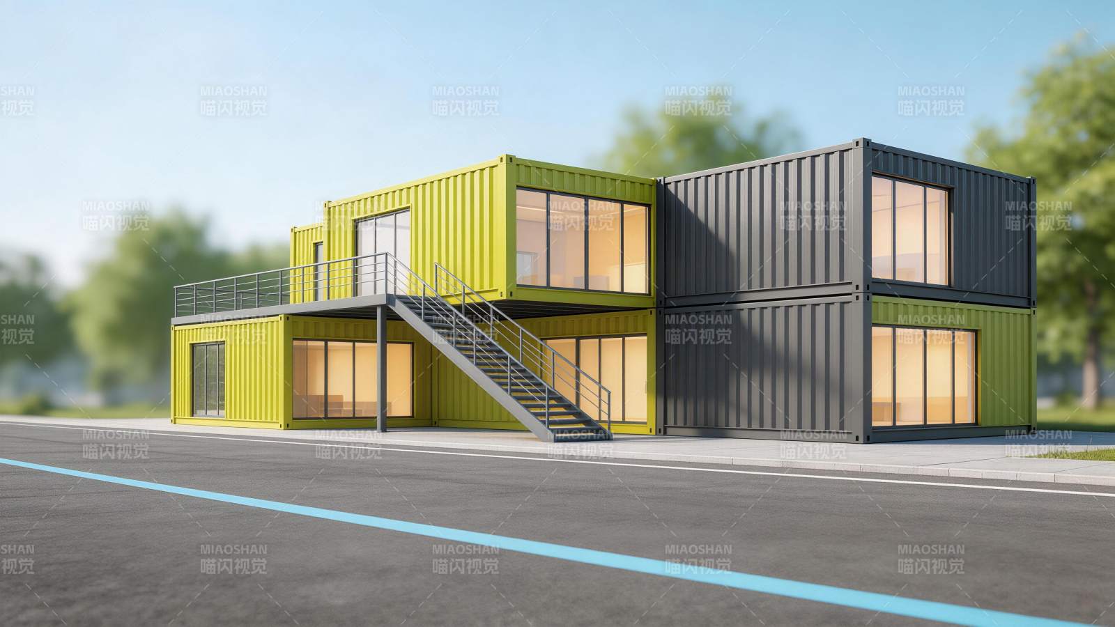 黄黑双色集装箱组合建筑外观展示图片