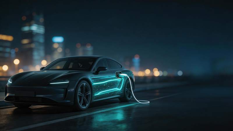 夜间城市道路旁充电中的黑色电动跑车图片