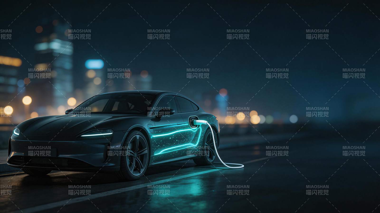 夜间城市道路旁充电中的黑色电动跑车图片