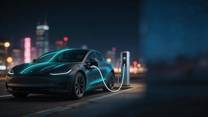 夜晚城市街道上电动汽车正在充电图片