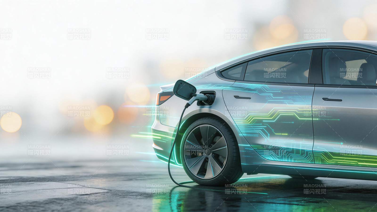 银色电动汽车正在充电并显示电路光效图片
