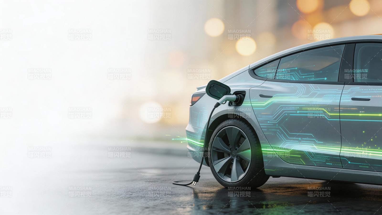 银色电动汽车正在充电接口连接中图片