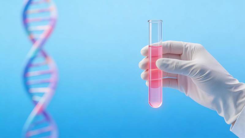 戴手套手握装粉液试管与DNA双螺旋背景图片