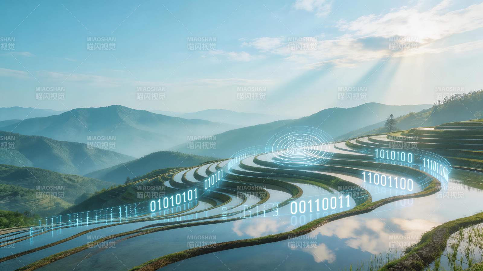 梯田景观叠加二进制数据与科技光效图片