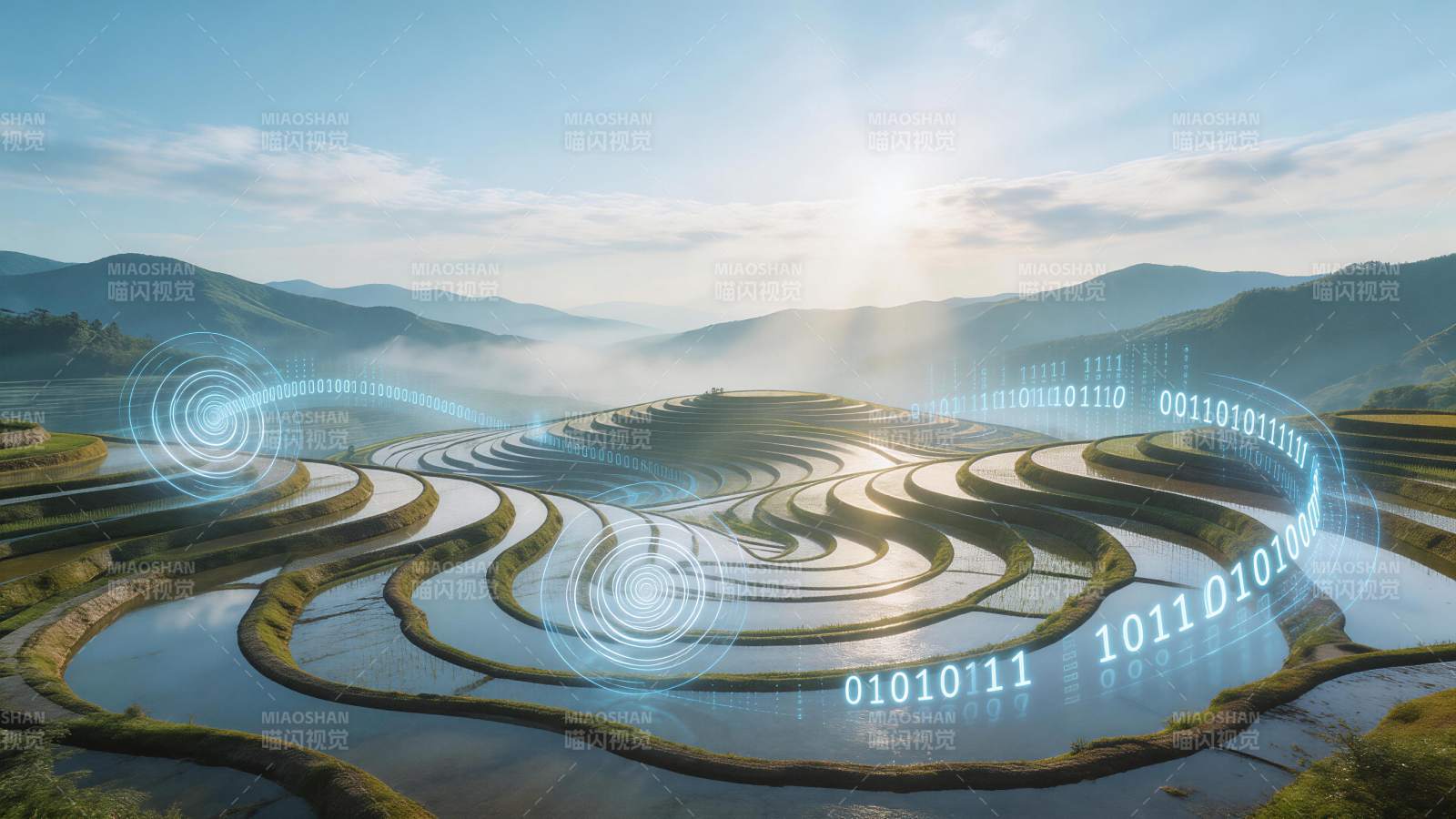 梯田景观叠加数字二进制与科技光效图案图片