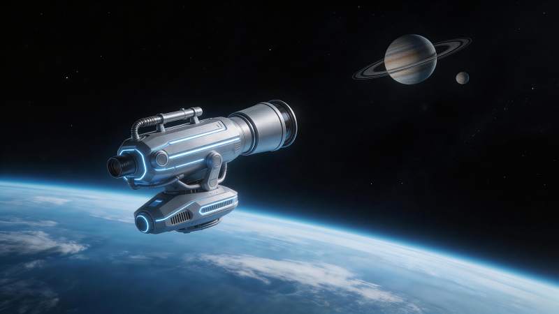 太空望远镜悬浮于地球轨道观测土星图片