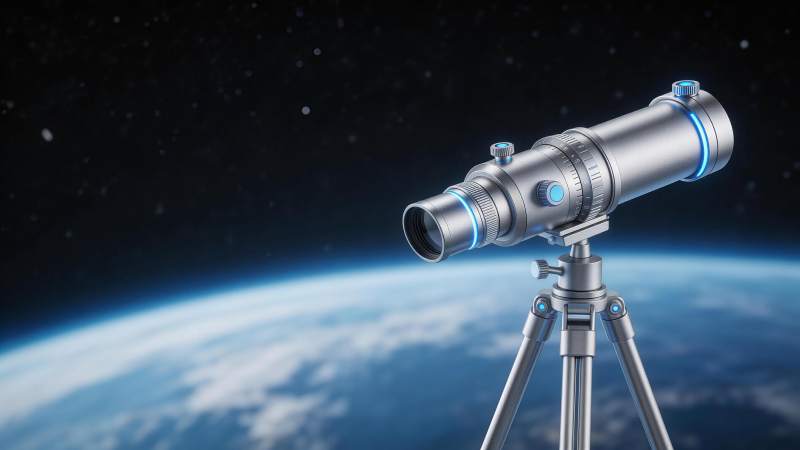 太空背景下的银色望远镜架设在三脚架上图片