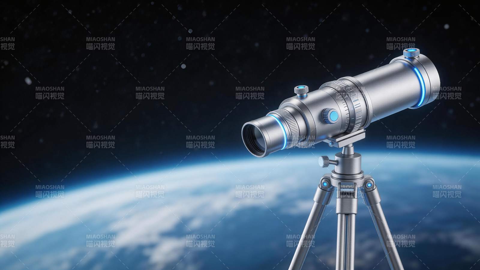 太空背景下的银色望远镜架设在三脚架上图片