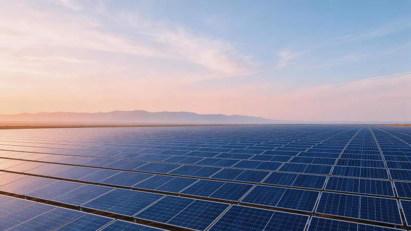 广阔荒漠中整齐排列的太阳能电池板阵列图片