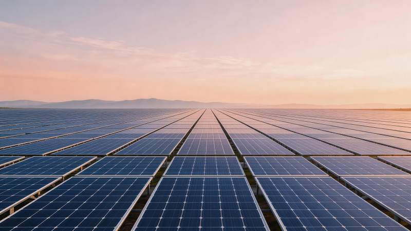 成排太阳能电池板在日落时分整齐排列图片