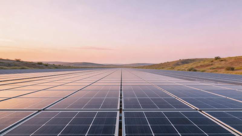 夕阳下整齐排列的太阳能电池板阵列图片