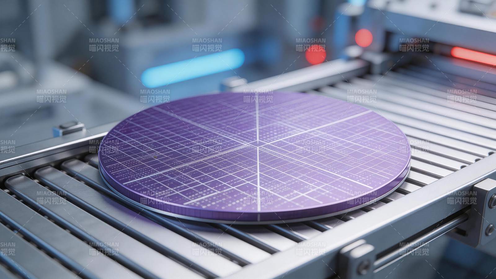 紫色晶圆置于金属传送带上的半导体制造场景图片