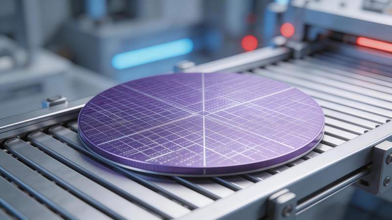 紫色晶圆置于金属传送带上的半导体制造场景图片