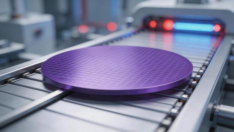 紫色晶圆在自动化传送带上运输图片