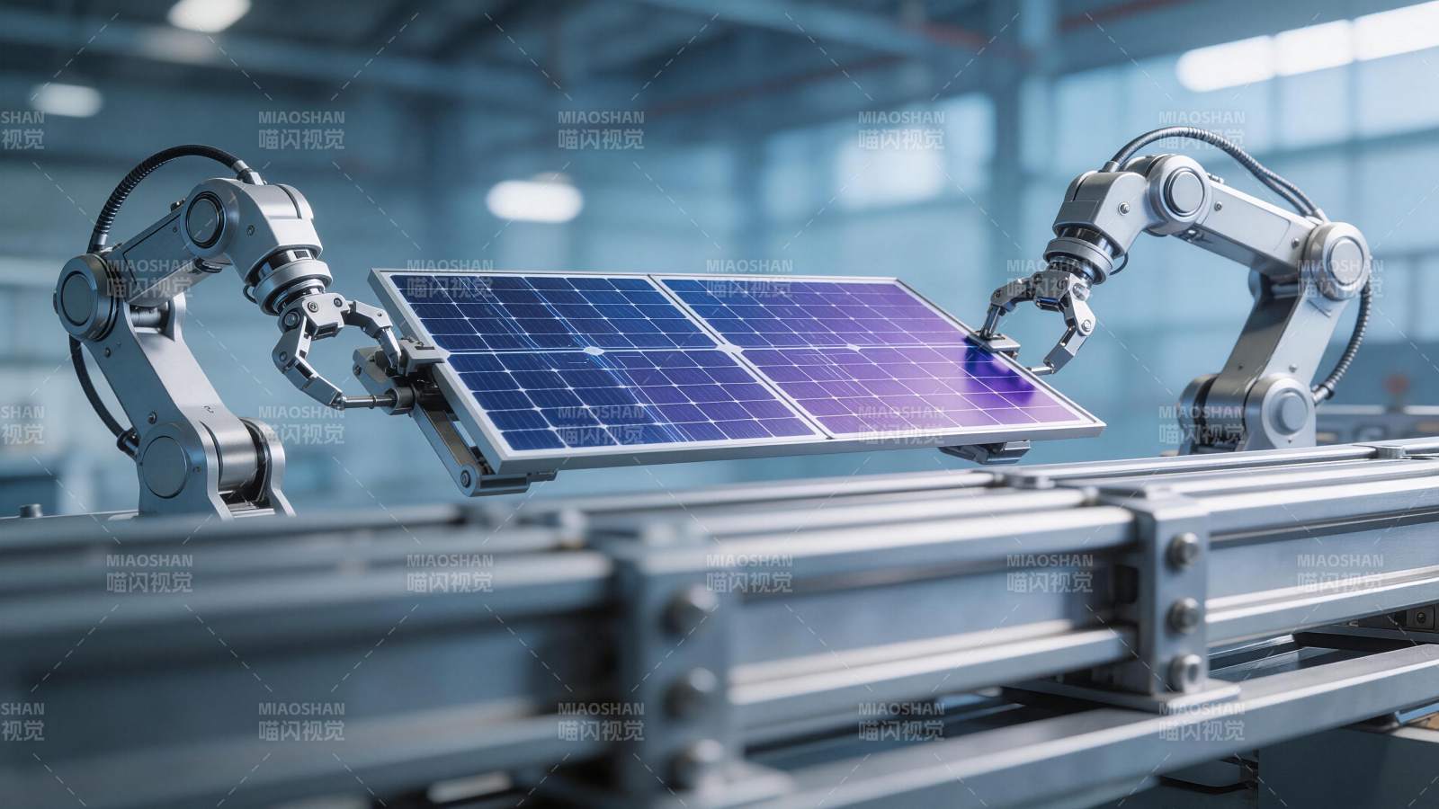 工业机器人协同装配太阳能电池板图片