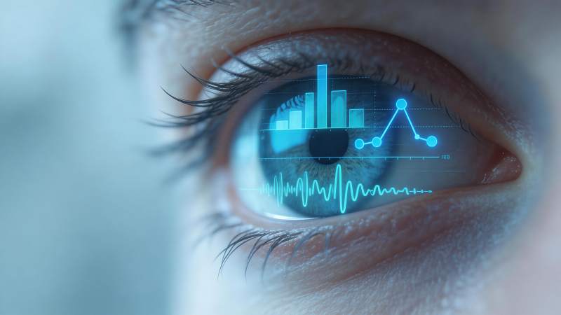 人眼虹膜中投射蓝色数据图表与波形图图片