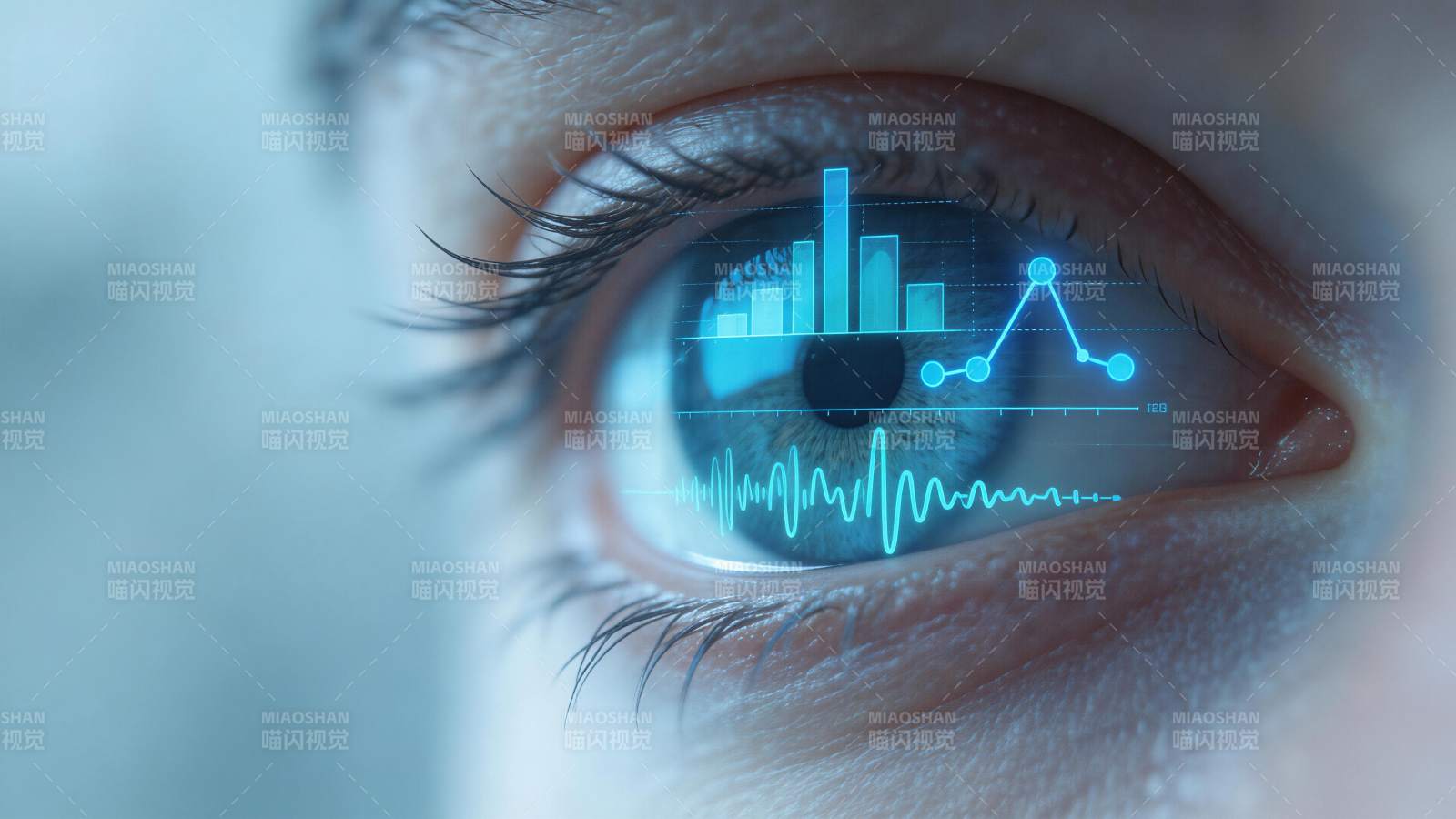 人眼虹膜中投射蓝色数据图表与波形图图片