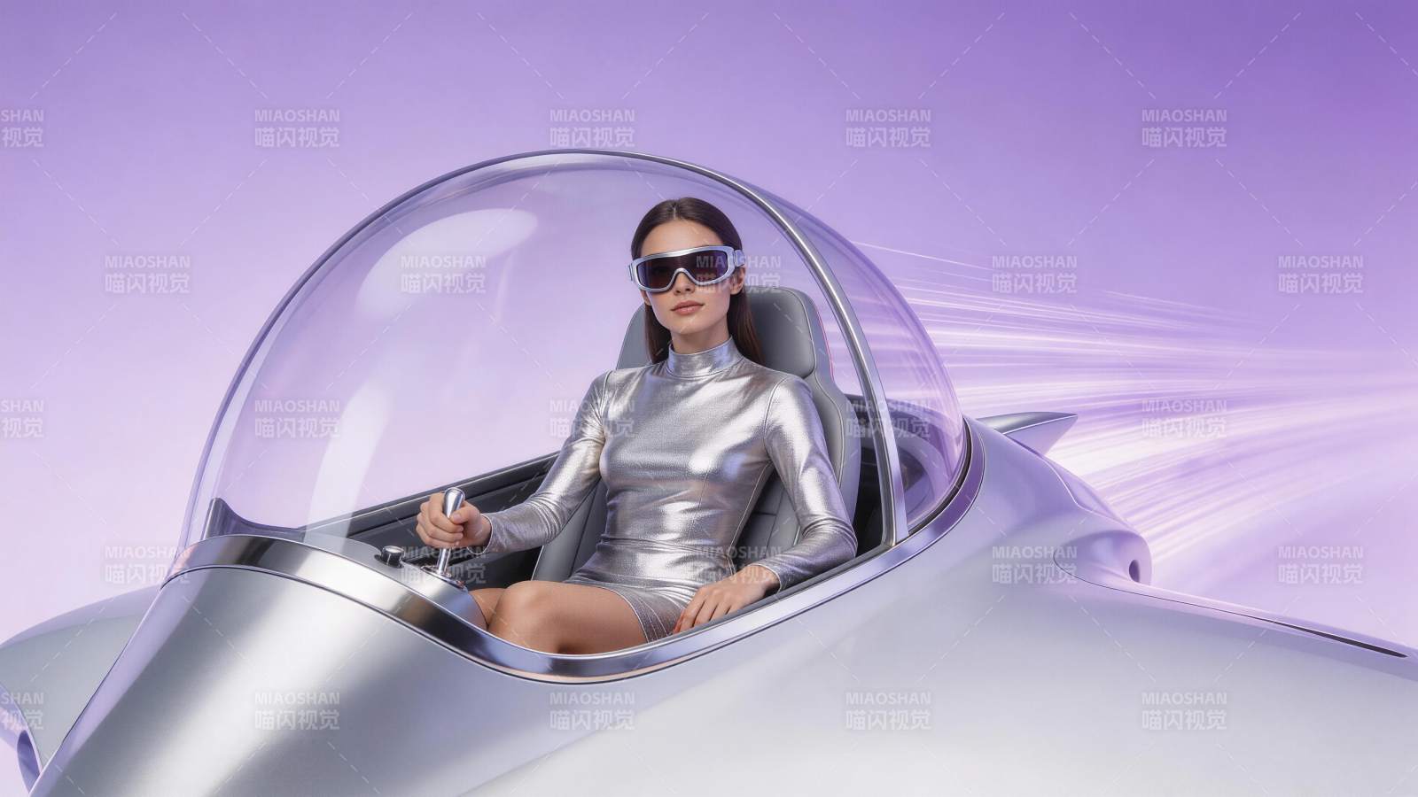 银色紧身衣女子驾驶未来感透明座舱飞行器图片