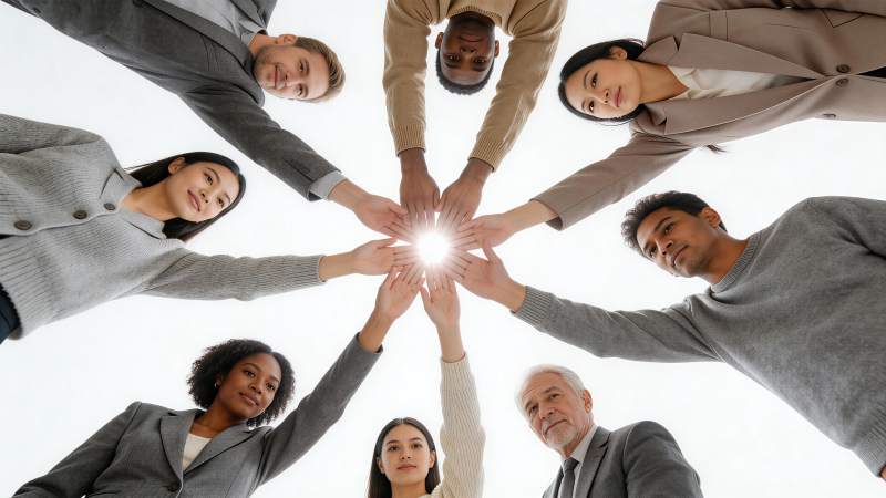 多人围成圆圈手心向上汇聚光芒图片