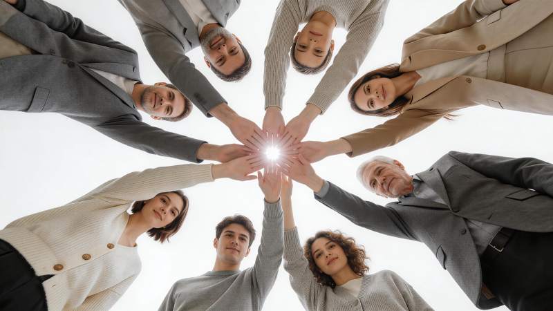 多人围成圆圈手叠手象征团队合作图片