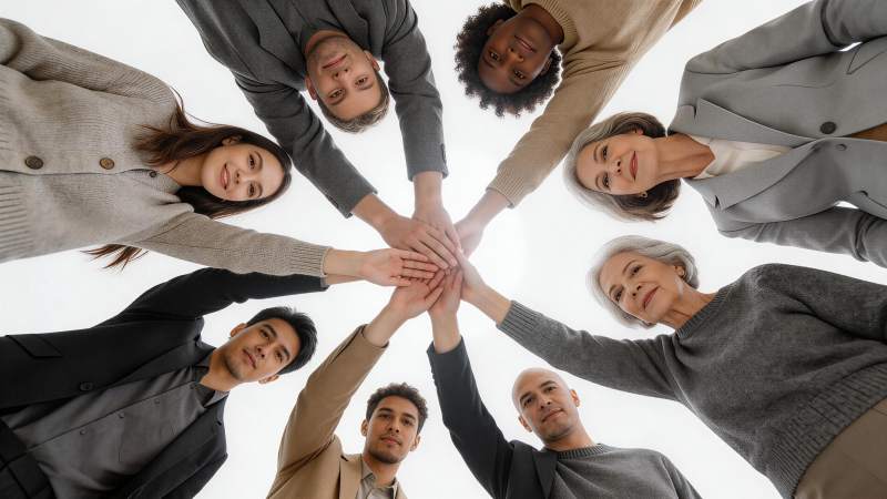 多人围圈叠手展现团队协作与凝聚力图片